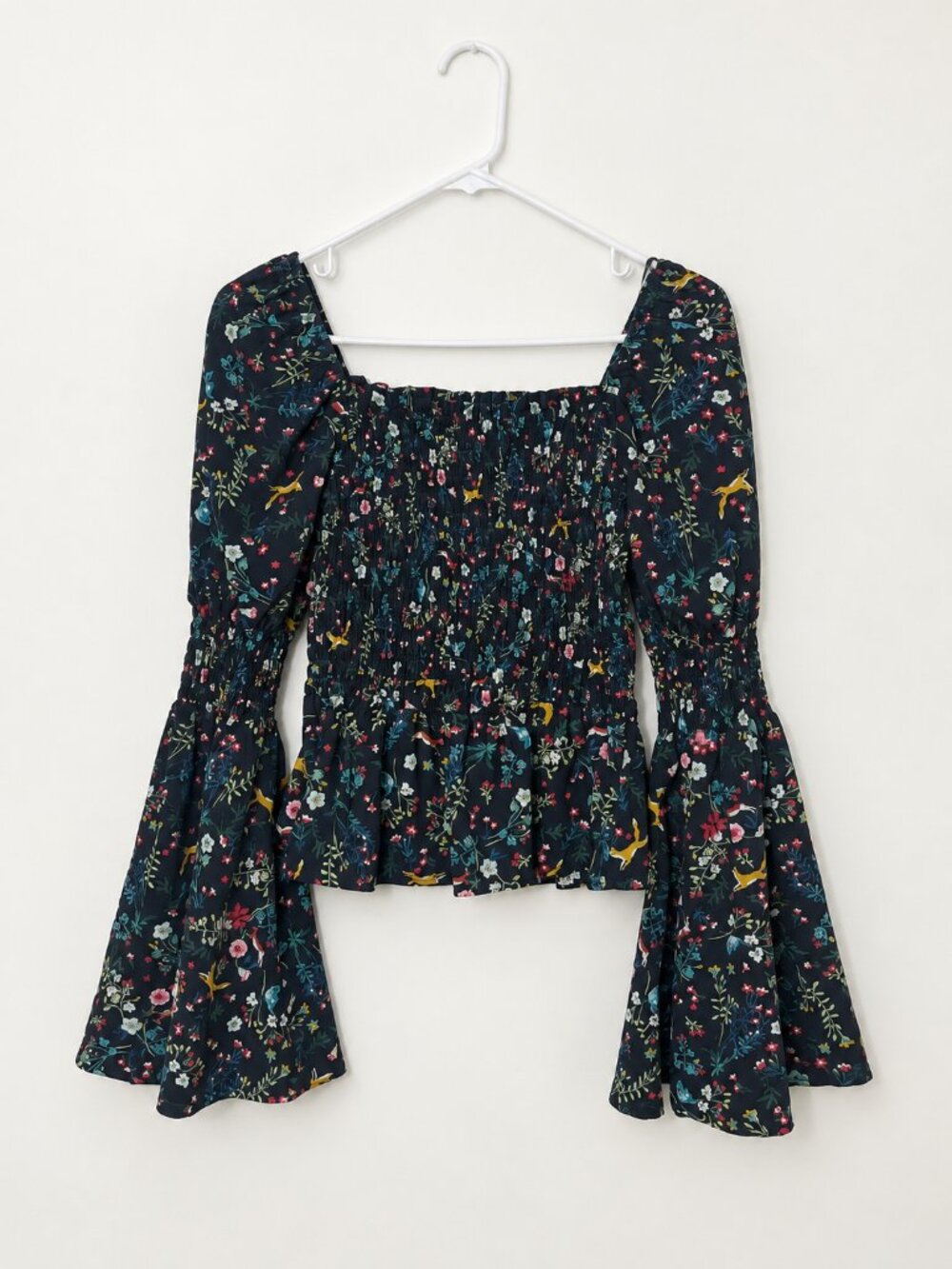 Meraki Dark Navy Floral Animal Print Bell Sleeve Top S